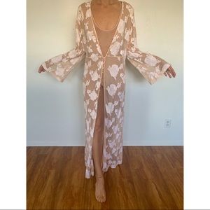 Nude sheer embroidered kimono maxi dress /cover up